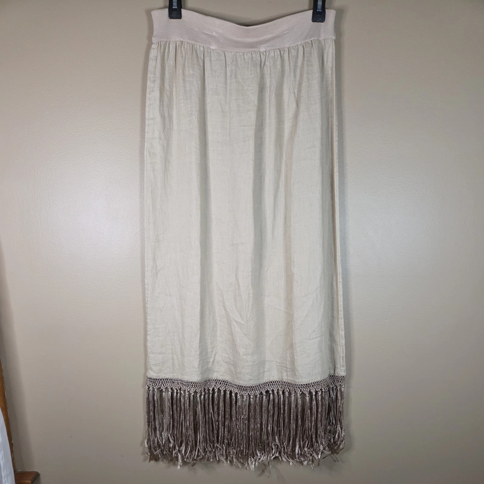 Womens Linen Skirt Chicos Size 0 (Small) Khaki Fringed Maxi Euro Summer Boho