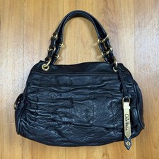 Cole Haan Village Black Pebbled Leather Ruched Satchel Handbag B27111 Gold Tone