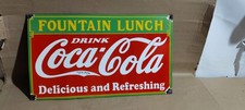 Drink Coca Cola Fountain Lunch Porcelain Enamel Sign 24x14 Inches 1 Side