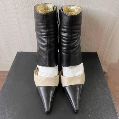 CHANEL Bottines À Talon Court COCO MARK Noires Beige Rare Femme Taille 36 - Photo 1/4