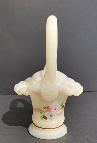 Vintage Fenton Custard #37 Mini Basket With Handpainted Flowers