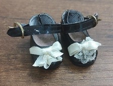 Vintage Baby Doll Mary Jane Shoes Black Shoes With White Bows Gold Buckle D3