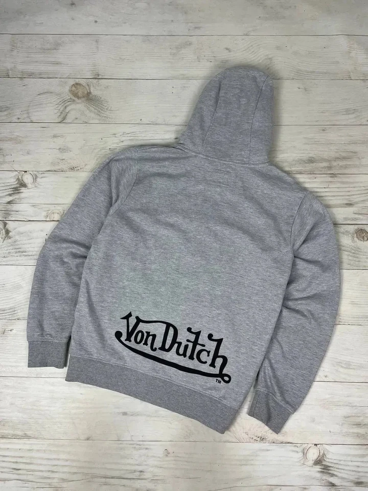 Sudadera con Capucha Vintage Von Dutch Logo Grande Cremallera Completa Japón Gris Hombres Talla L Gris Foto 2 de 4