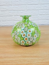 Murano Millefiori Art Glass Bud Vase Green White Daisy Round Pontil