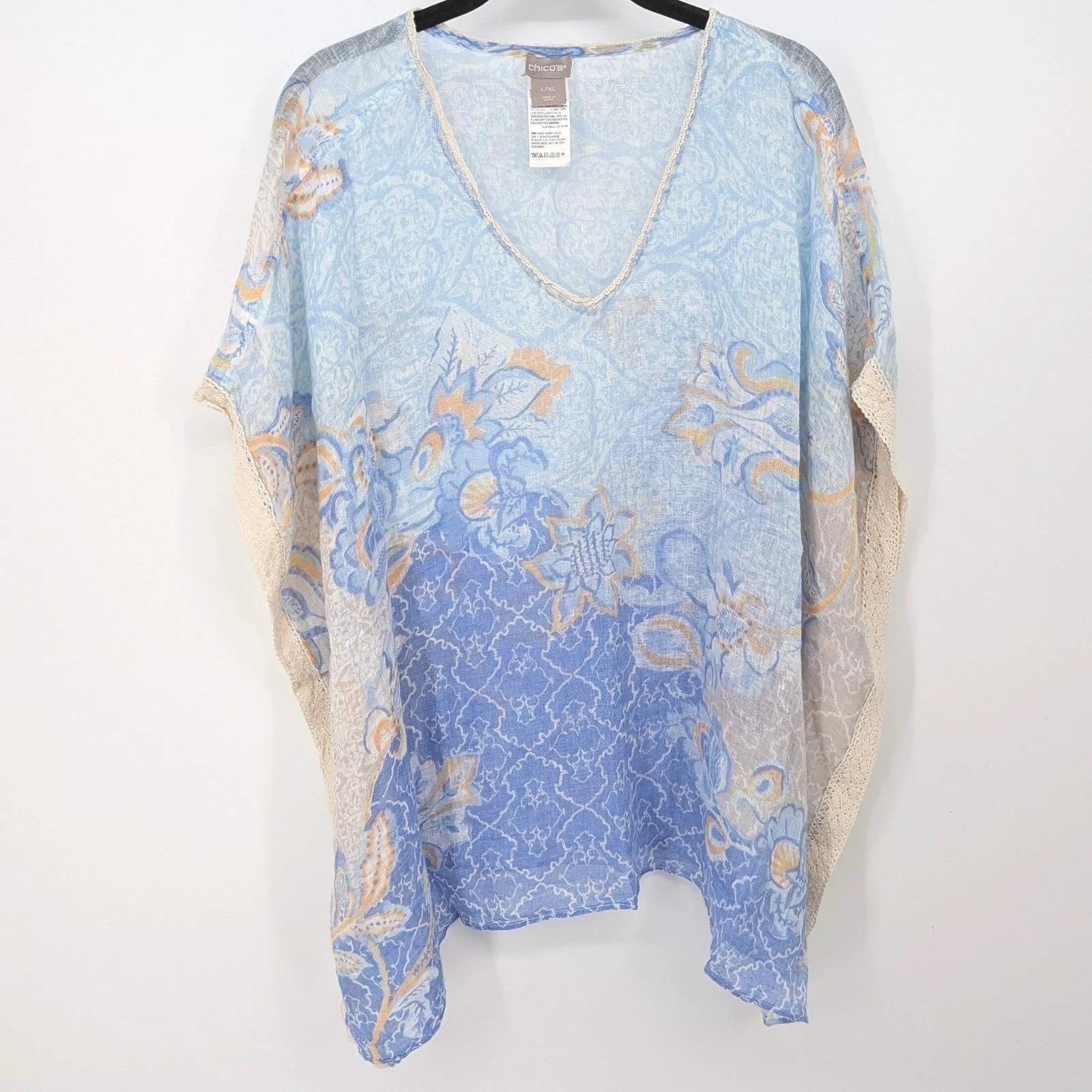 Chicos Linen Poncho Top L/XL Blue Paisley Crochet V Neck Resortwear Coastal