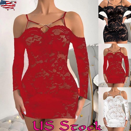Sexy Women Cold Shoulder V Neck Lace Dress Ladies Bodycon Mini Evening Gowns