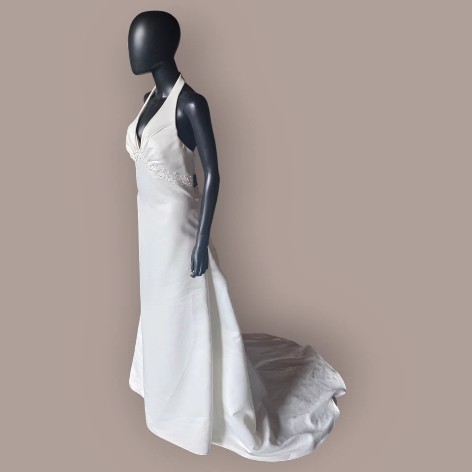 Soft Ivory Satin Halter Ruched Back Wedding Gown - Galina - Image 4 of 4