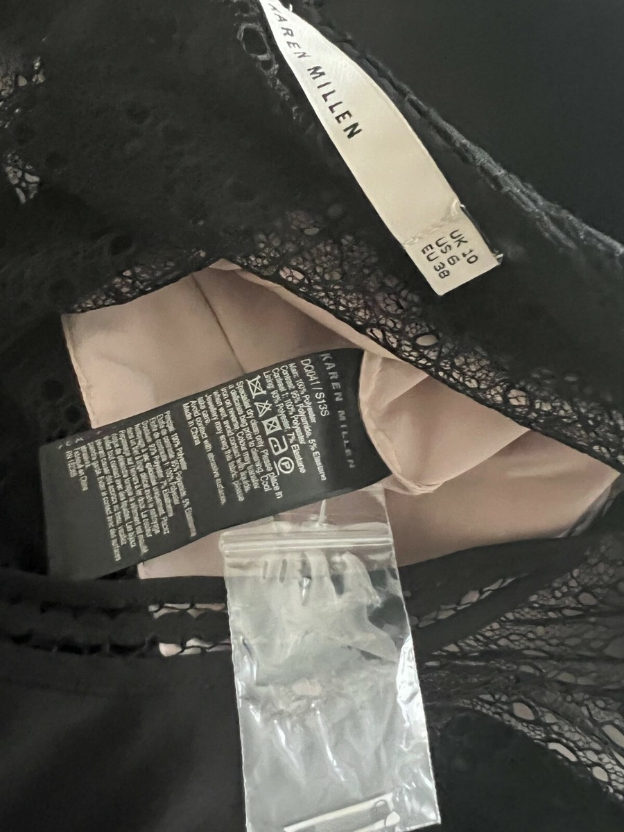 Robe Crayon Karen Millen UK 10 (EU 38) Noir Avec Frange - Soirée, Col V, Manches Casquette