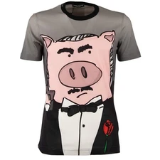 DOLCE & GABBANA Printed Cotton T-Shirt Pig with Suit and Logo Gray 11064