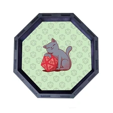 Cat with D20 Octagon Wooden Dice Tray, Rolling Tray, D&D Tabletop Board Games