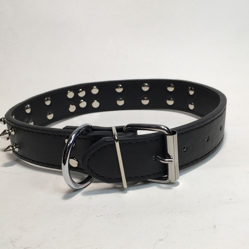 Spiked Dog Collar Black Leather Strap Adjustable Studded Rivets W Skull & Bones - Picture 4 of 6