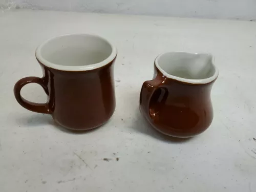 Vintage Hall Pottery Small Brown and White Creamer 196 & Coffee Mug 2442