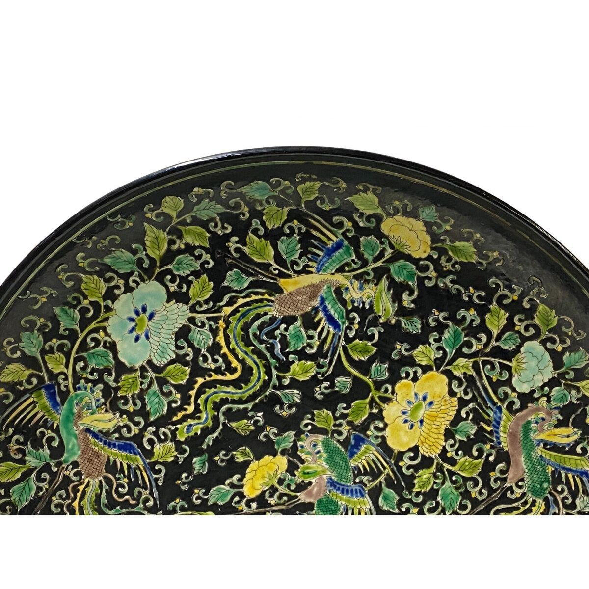 Vintage Chinese Black Base Mixed Color Phoenix Graphic Porcelain Plate Display ws3364S Vintage Chinese Black Base Mixed Color Phoenix Graphic Porcelain Plate Display ws3364S