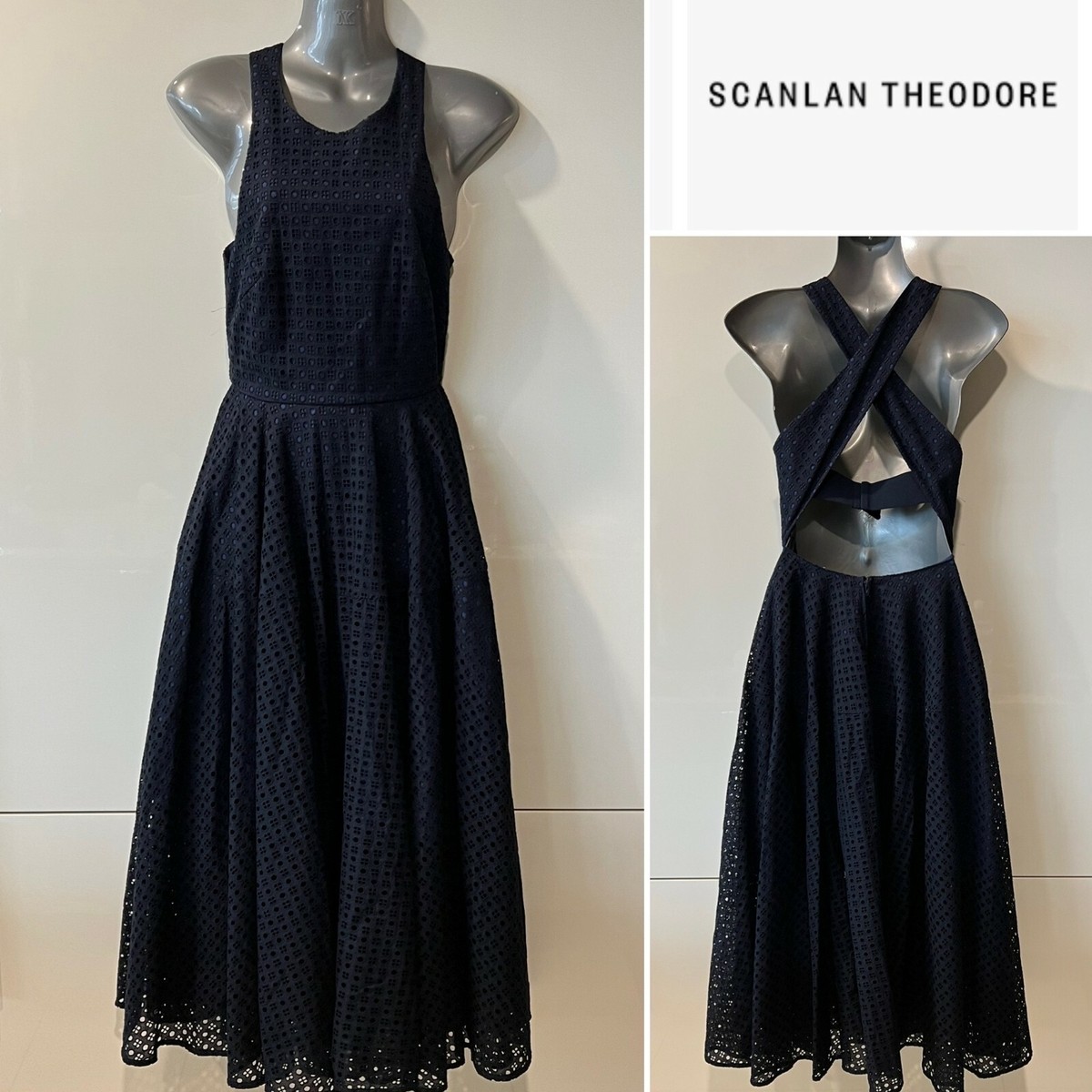 SCANLAN THEODORE Navy Blue Cotton Broderie Anglais X-Back Midi Dress  6Aust/2US | eBay
