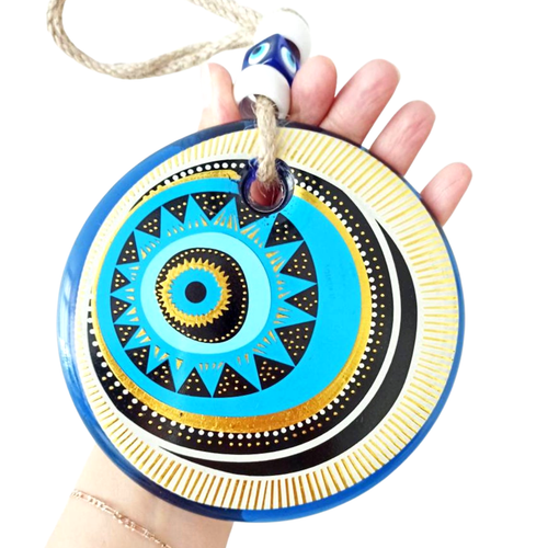 Evil Eye Glas Wandbehang mit Makramee Wohndeko vergoldet Weihnachtsschmuck - Bild 3 von 3