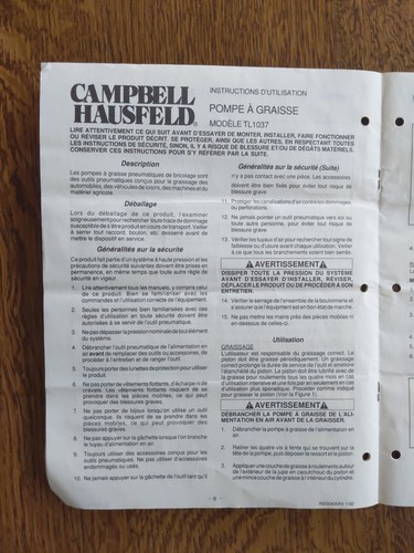 Pistola per grasso ad aria Campbell Hausfeld TL1037 manuale operativo IN230400AV 1/92 - Foto 2 di 2