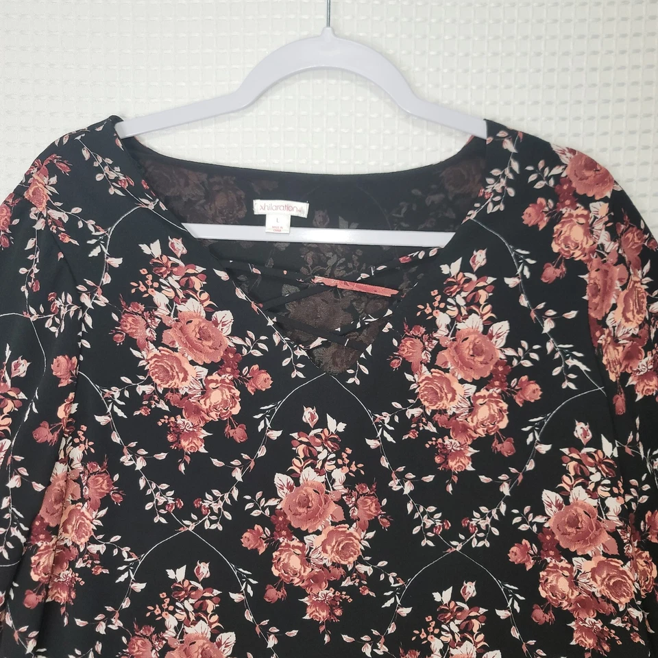 EUC Women Sz L XHILARATION Pink Rose Floral Long Blouse Long Sleeve Shirt Lined Foto 2 de 4