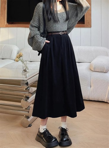 Damen Rock Herbst Winter Schwarz High Waist Langrock Plissee A-Linie Röcke - Bild 16 von 27