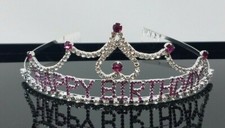 Happy Birthday Tiara, Birthday Girl Accessory, Color: Silver/Pink