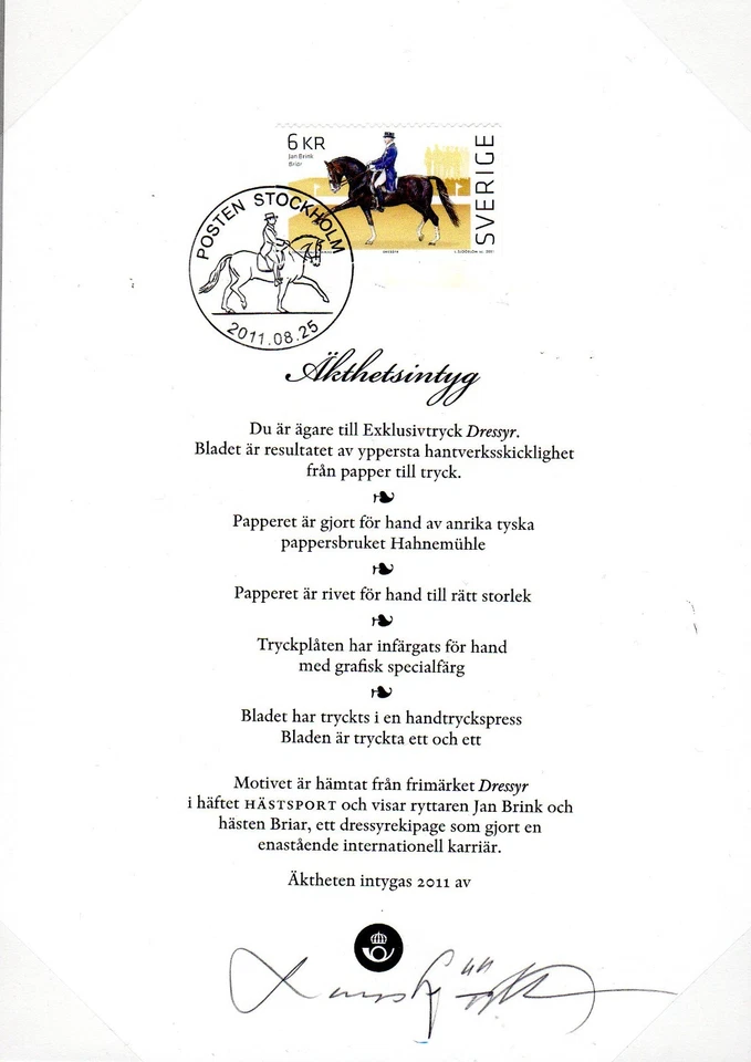 LARS SJÖÖBLOM ENGRAVING PROOF SWEDEN EQUESTRIAN SPORT 2011 ISSUE #481/600 - Image 4 of 4