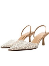 Beige Rhinestone Slingback Stiletto Pointed Toe Slip On Women's Heels Solid US9