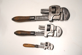 Vintage Stillson Wrench Mfg. Co. 6" 10" & 14" Pipe Wrenches With Wood Handles
