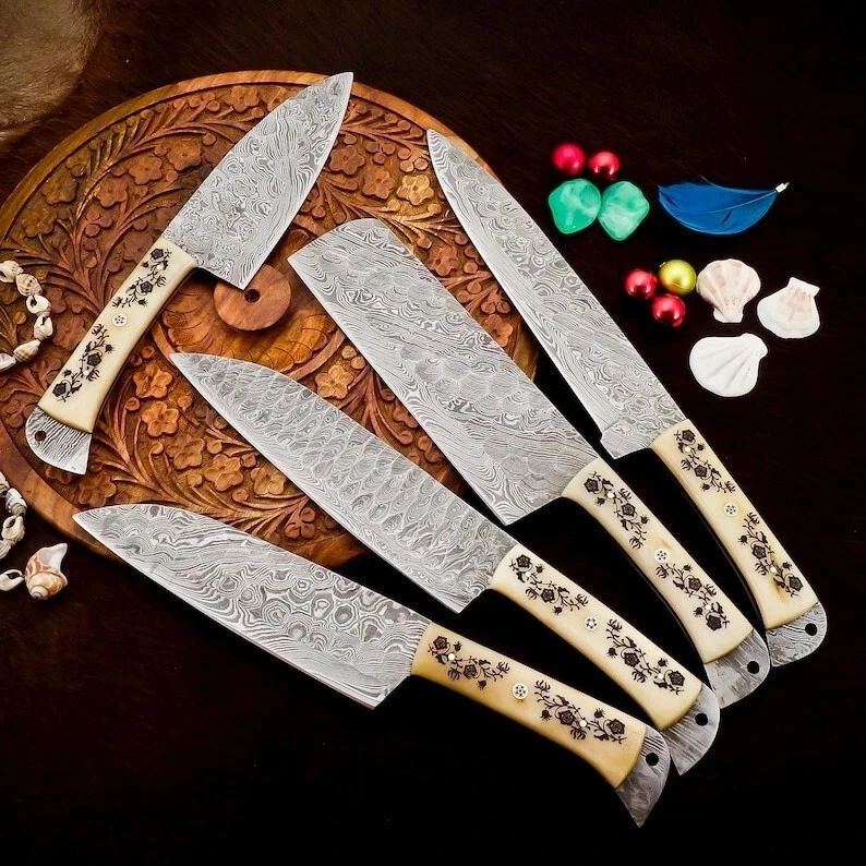 Handmade Damascus Steel Chef Knives Set Bone Handle With Leather Roll Bag