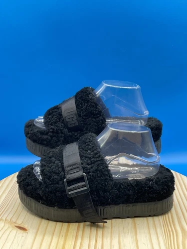 UGG Fluffita Slide Sandalo Donna Tg 7 Nero Pelle di Pecora Slip On Plateau Tacco