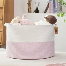 21x21x13.6 XL White, Pink Cotton Rope Basket, Woven, Blanket, Toy Storage