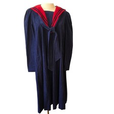VTG LAURA ASHLEY Navy Blue Red Corduroy Midi Sailor Dress 10 Great Britain 80's