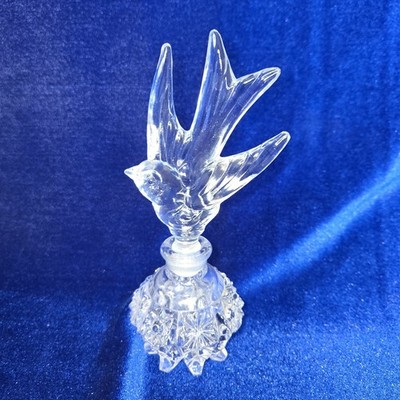 VTG Cut Crystal Perfume Bottle w/ Handblown Bird Stopper 1940's Art Deco Perfect