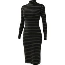 BB Dakota Metallic Stripe Mock Neck Dress Sz L Black Bodycon Midi Cutout Goth