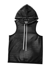 Men Mesh Fishnet Tank Top Sleeveless Drawstring Hoodie Shirt Medium Black