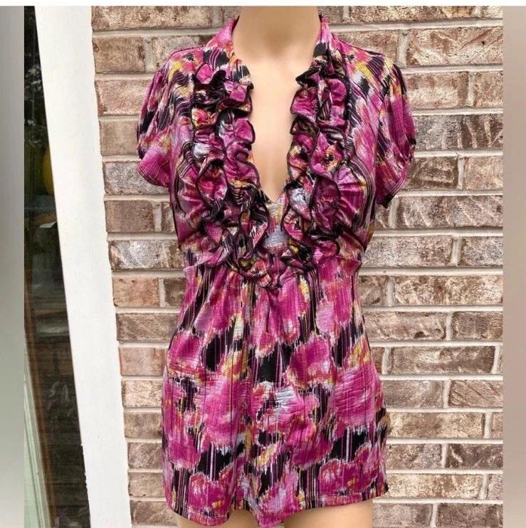 Blusa Mujer Heart Soul Y2K Volantes Cuello en V Geométrica Rosa Manga Corta Talla L Foto 3 de 4