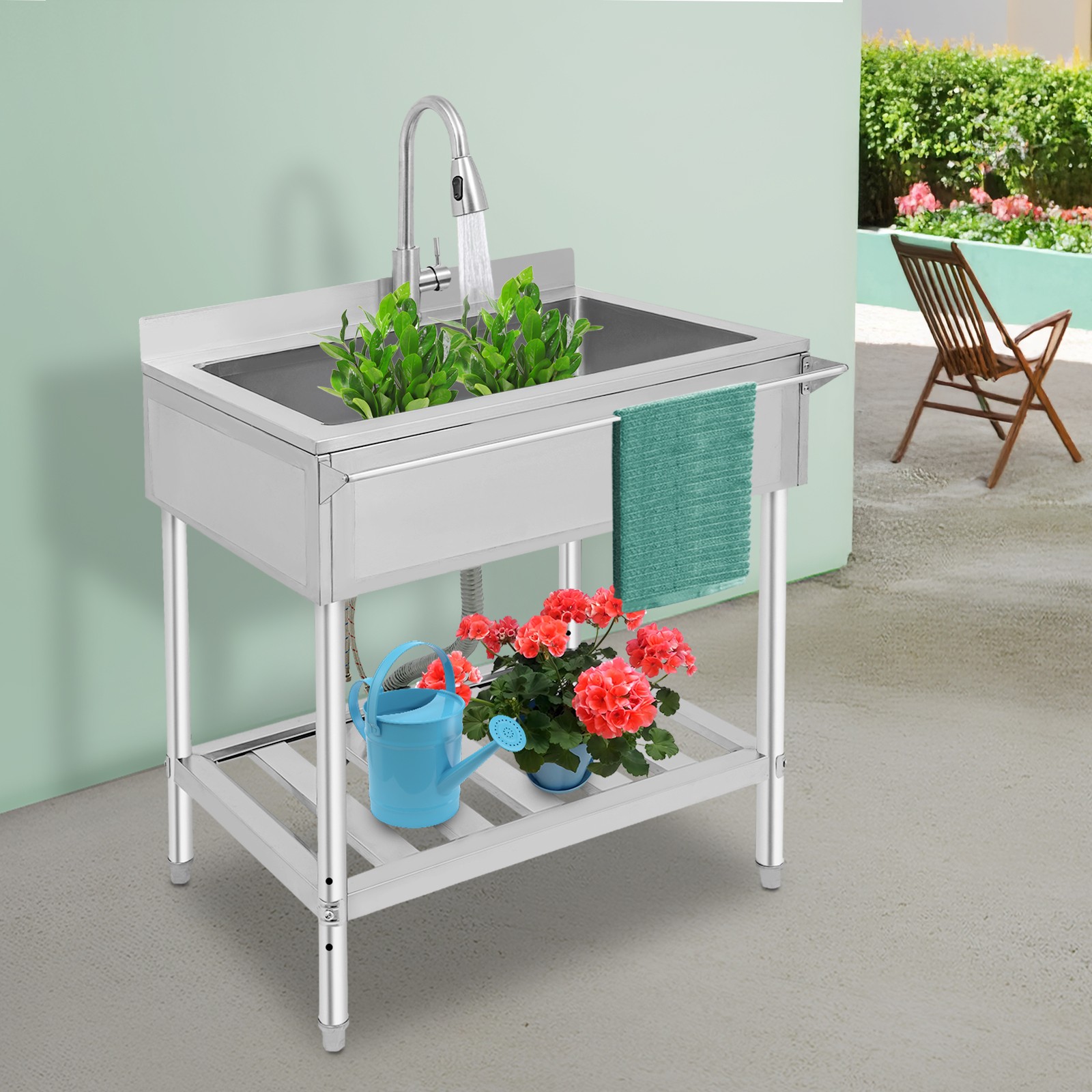 Free Standing Kitchen Sink Single Bowl Sink Stainless Steel Utility Sink Silver