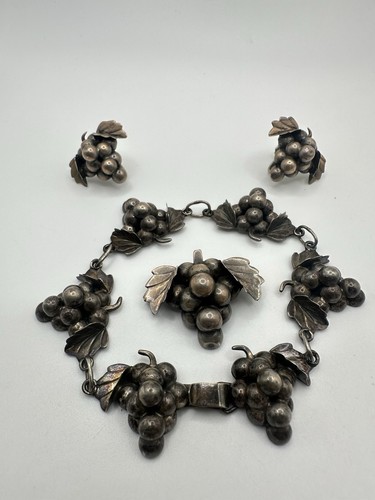 BRACCIALE ORECCHINI SPILLA VINTAGE FIRMATO MESSICO STERLING UVA ARGENTO 925 LEGGI - Foto 20 di 20