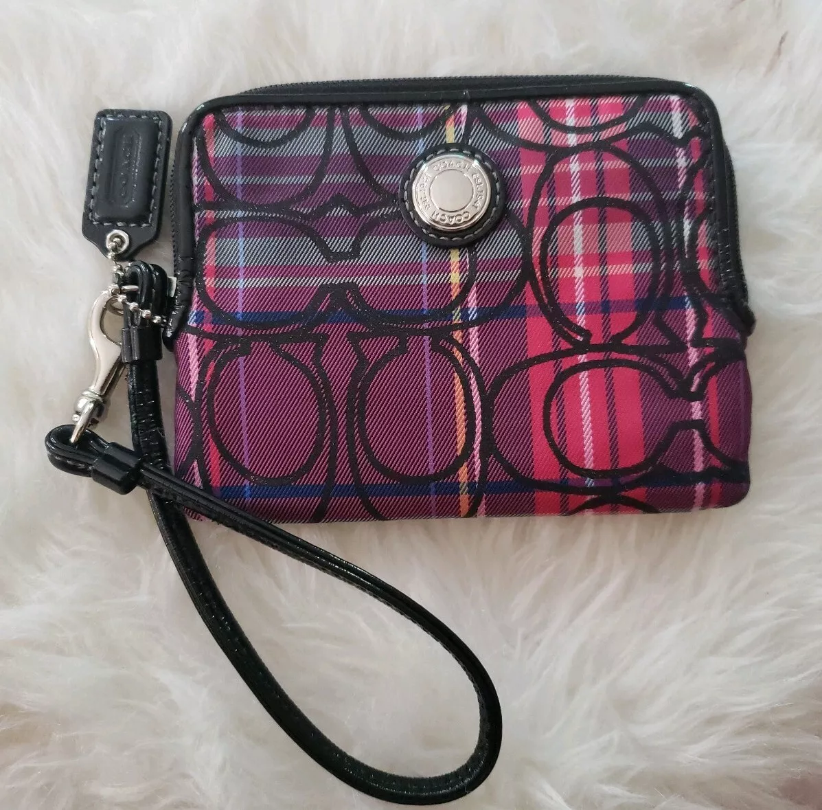 COACH wristlet Burgundy Pink Plaid with black shimmer lettering Excellent Shape