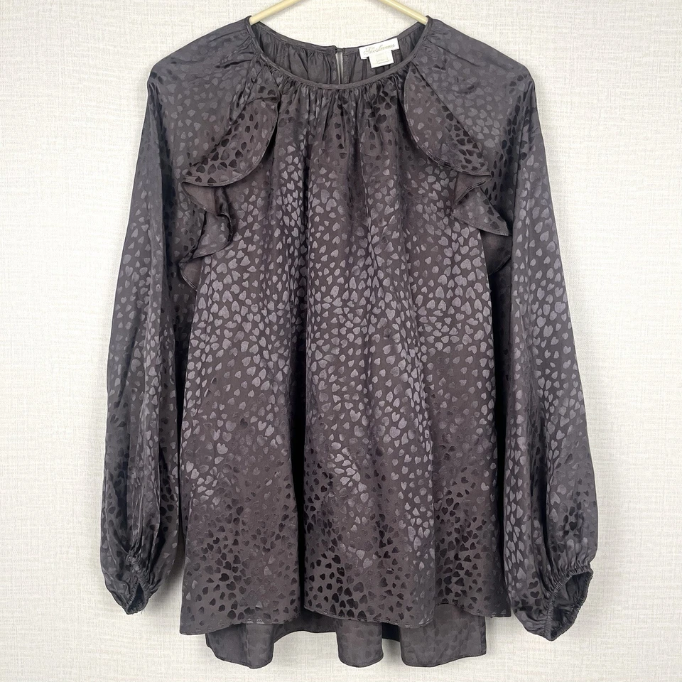 Shoshanna Large Silk Brown Satin Animal Heart Print Ruffled Blouse Top - Image 2 of 4