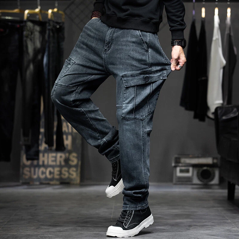 Men Stretch Loose Denim Jeans Pants Distressed Cargo Work Trousers Pocket Casual