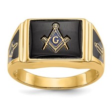 10k Yellow Gold Black Enamel and Onyx Masonic Ring For Mens