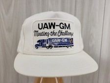 VINTAGE Trucker Hat Cap Adjustable Leather Strapback UAW GM Made in the USA Mens