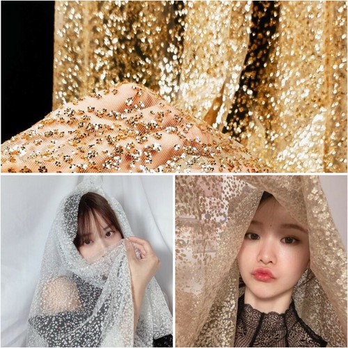 1 Meter Thin Mesh Fabric Glitter Sequin Lace Tulle Voile Cloth Bridal Veil DIY - Picture 7 of 9
