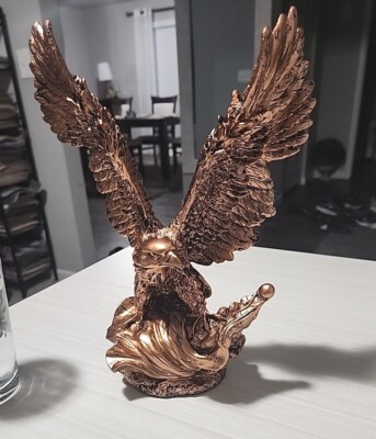 Wings of Glory Bald Eagle on American Flag Brass Colored Statue 11.4'' x 11'' USA!