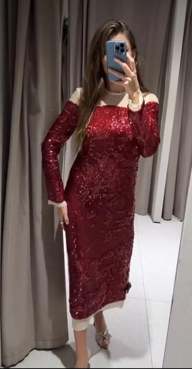 ZARA NEW WOMAN LONG ZW COLLECTION SEQUINNED CHIFFON DRESS RED SIZE