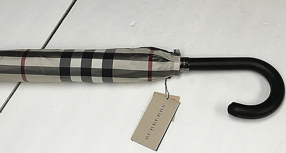 Guarda-chuva unissex Burberry cinza com forro quadriculado couro alça preta original - Imagem 4 de 4