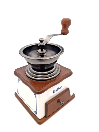 Vintage Kaffeemühle Handmühle beschriftet aus Keramik, Holz und Metall gebraucht - Bild 3 von 7
