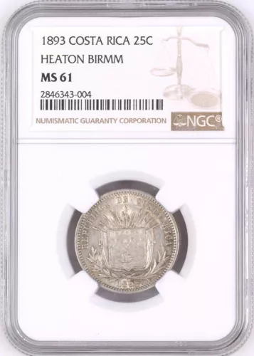 Costa Rica: Republic 25 Centavos 1893, NGC MS-61, KM# 130 HEATON BIRMM Silver