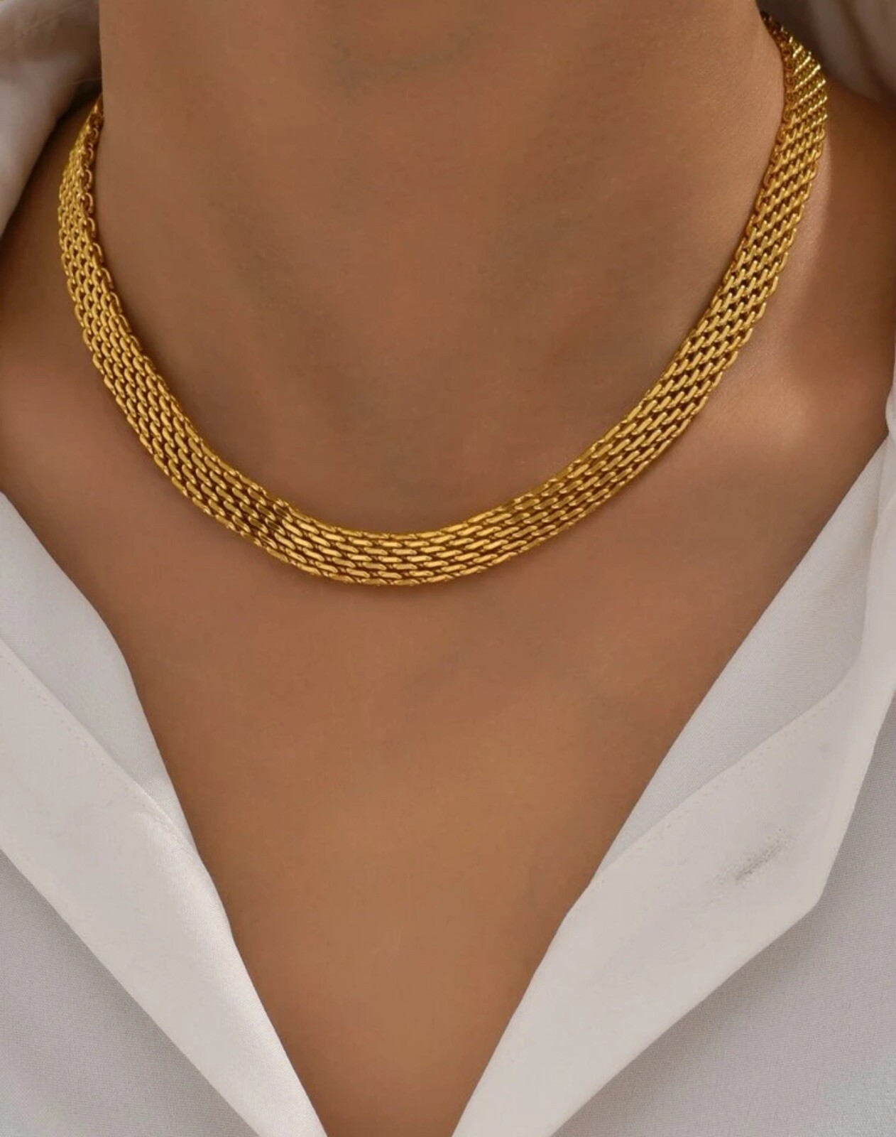 Collier ras du cou doré en maille d'acier inoxydable avec chaîne réglable pour femme