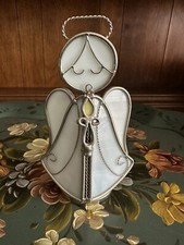 Vintage Stained Glass 5.5  White Angel Holding A Candle Sun Catcher Glass Art