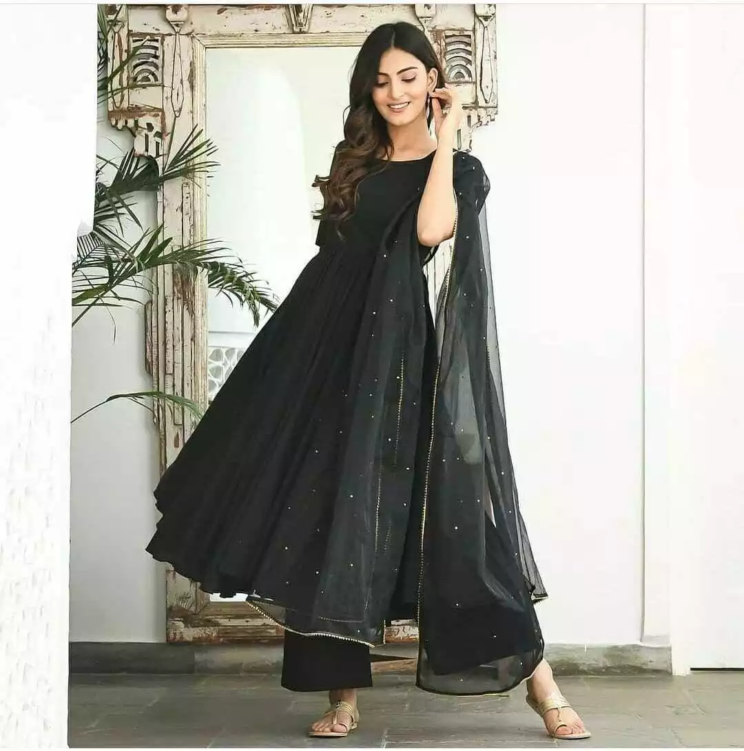 Celebrity Anarkali kurti dress Black Rayon kurta dupatta long flared gown  tunic